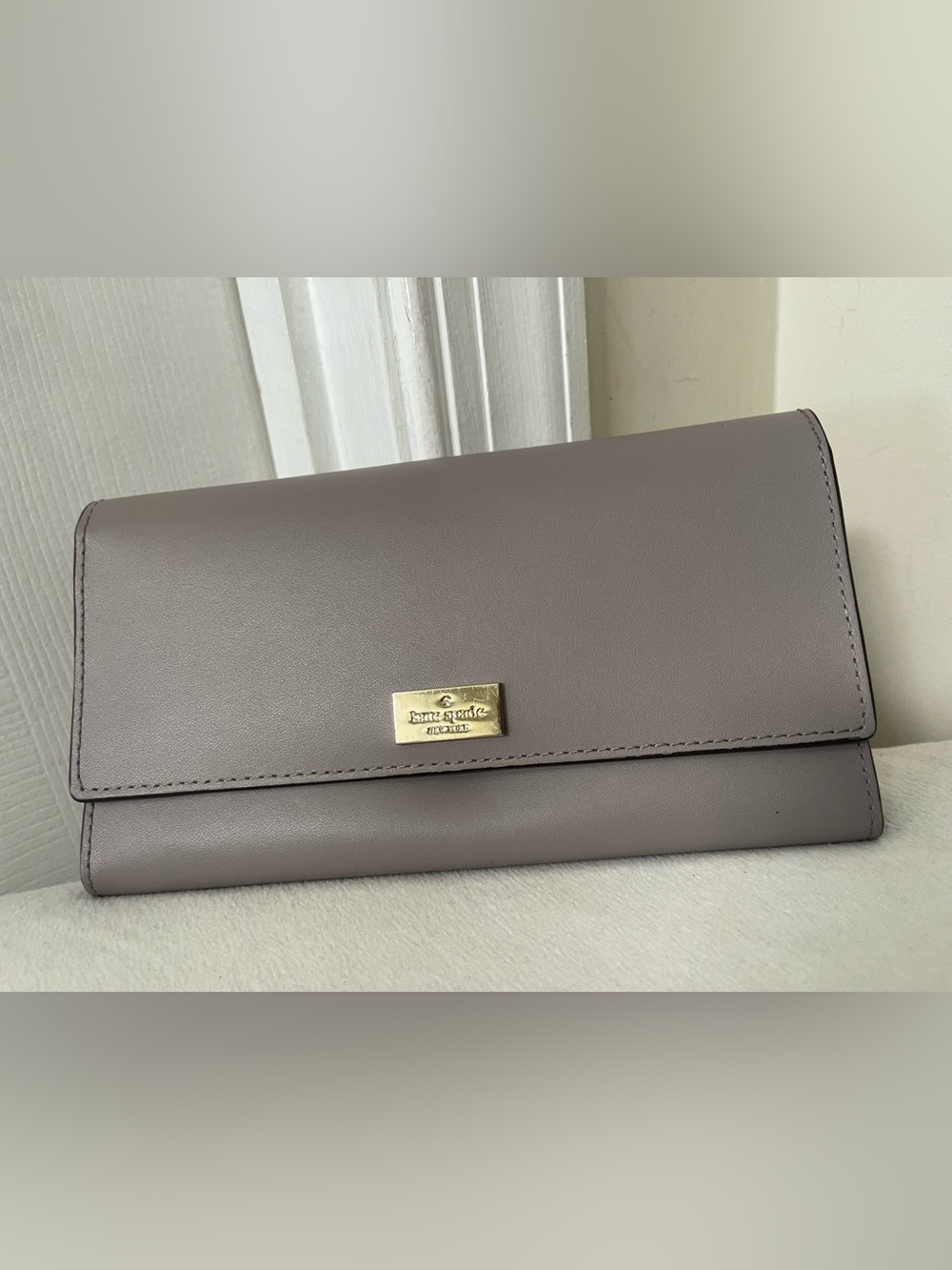 kate spade Mauve Taupe Leather Flap Clutch with Gold Plaque